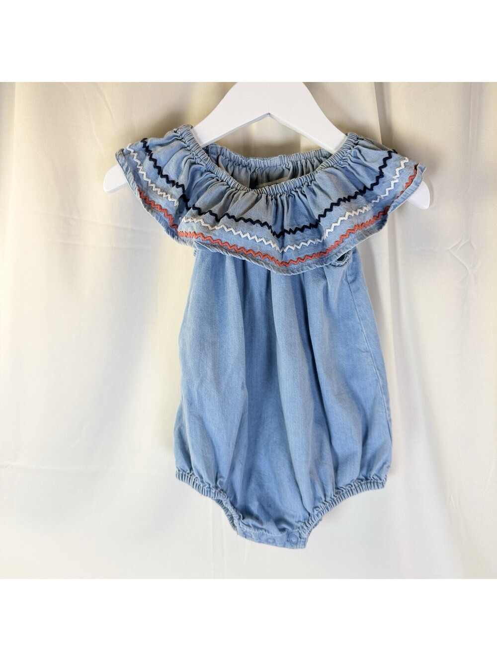 Crown & Ivy Baby Girl Denim Ric-rac Flutter Sleeve Bubble Romper 12M Blue